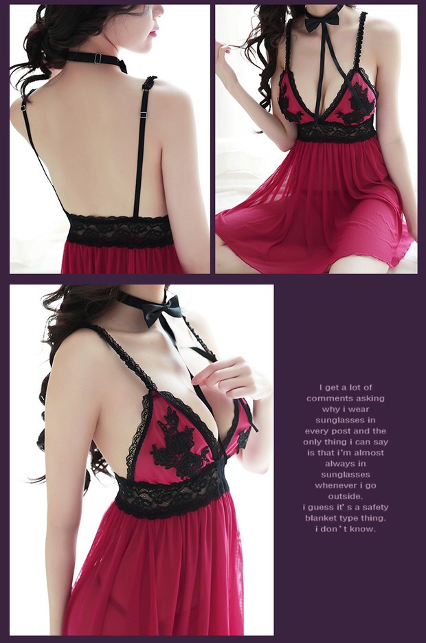 ชุดนอน เดรสซีทรู สีแดง แต่งลูกไม้ปักสีดำ งานสวย เนื้อผ้าทิ้งตัว หรูมากคะ