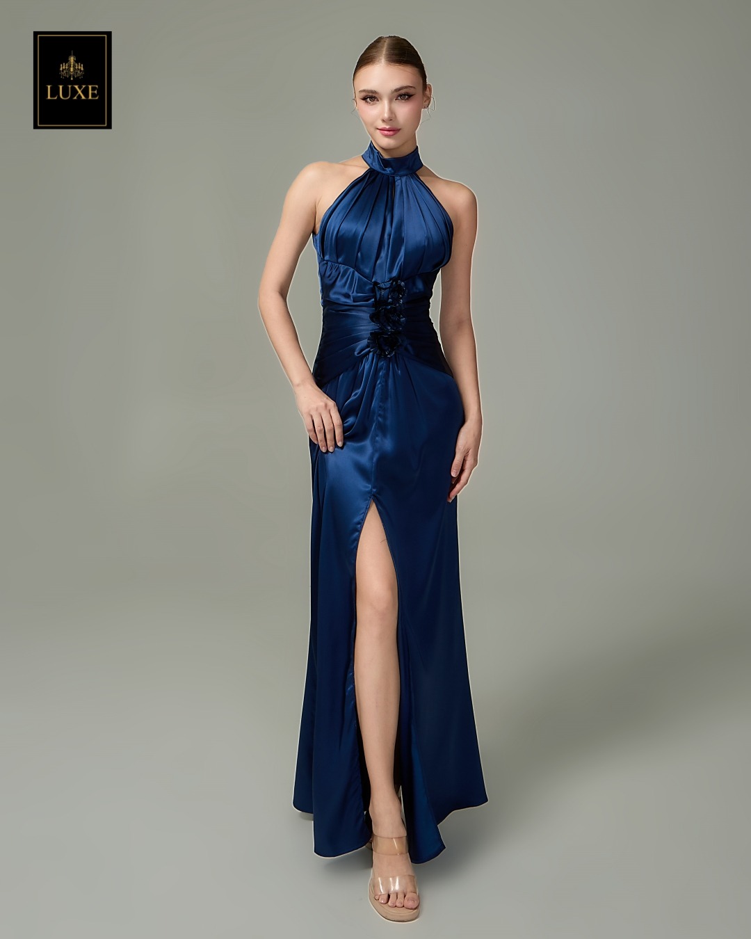 เดรสแฟชั่น แม็กซี่เดรสเสื้อคอกลมแขนกุด กระโปรงผ่าหน้าขา