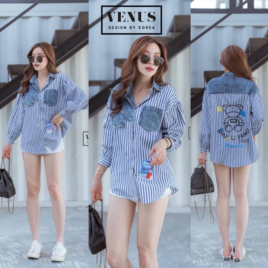 Restock ♥️♥️♥️ I'm Lady By Venus Moshino Jeans Shirt เสื้อเชิ๊ตแต่งผ้ายีนเนื้อดี ด้านหลังสกีนลายน้องหมี ตามแบบฉบับแบรนด์ดัง แม๊ทกับรองเท้าผ้าใบก็เก๋นะคะ