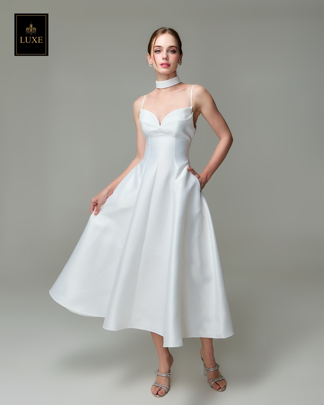 เดรสแฟชั่น เดรสเสื้อสายเดี่ยว ดีเทลหน้าอกโค้ง ซ้อน2เลเยอร์ กระโปรงบานทรงวงกลม