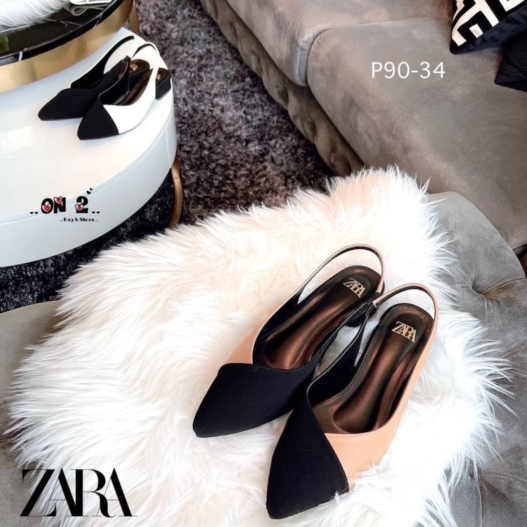 ZARA รองเท้าคัชชูหัวแหลมเปิดหลังสวมข้อเท้างานZARA ด้านหลังแบบยืดได้ สีสวยคลาสสิค ดำ-ขาว ดำ-ครีม ใส่แมทซ์กับชุดได้เยอะค่ะ