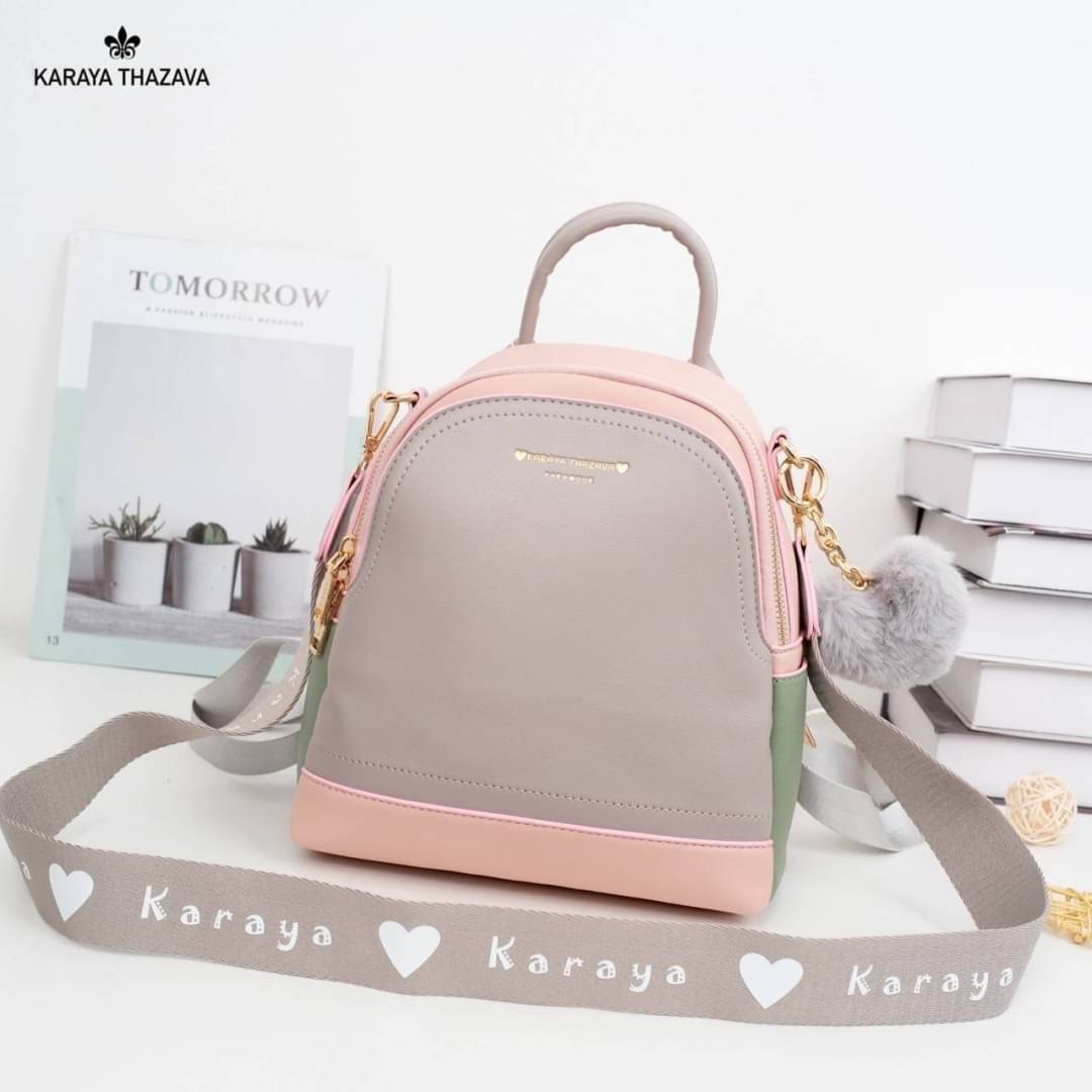 พร้อมส่ง เป้หนัง Karaya แบรนด์แท้ เป้ได้+สะพายข้างได้ สายสปอต สีทรูโทนพาสเทล สวยละมุน แถมฟรี‼️ปอมๆ