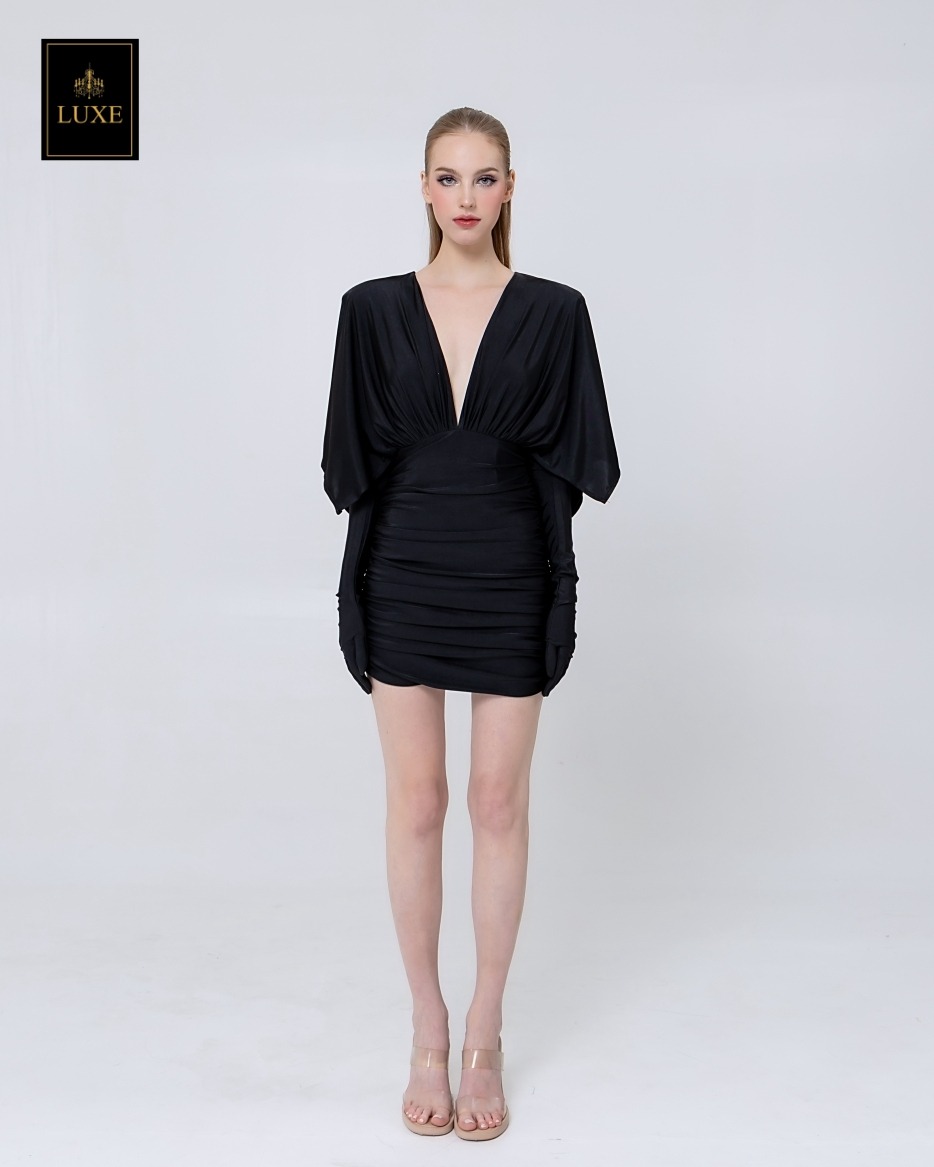 เดรสแฟชั่น เดรสกระโปรงเข้ารูป เสื้อคอวีแขนในตัว มาพร้อมถุงมือยาว