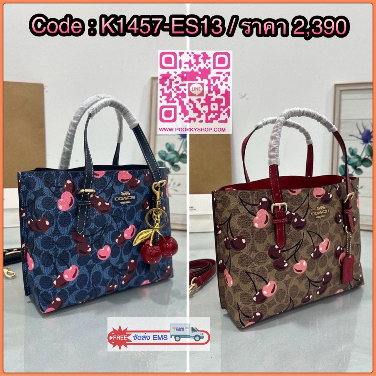 👜Coach CZ772 Mollie Tote Bag 25 In Signature Canvas With Cherry print 🍒 กระเป๋าทรง Tote ลายซิกเนเจอร์พิเศษ ดีไซน์น่ารักสุดคลาสิคมาพร้อมสายสะพายยาวและสายถือ หนังกับตัวกระเป๋าได้อย่างมีเอกลักษณ์ เหมาะสำหรับใส่ของใช้ประจำวัน พร้อมช่องซิปหลักก
