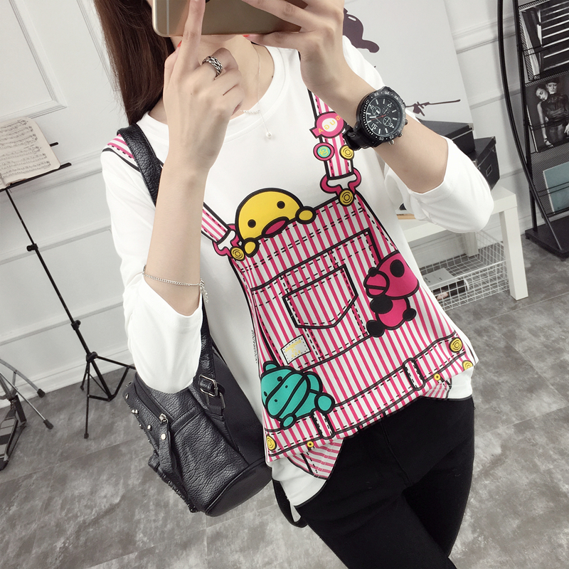 เสื้อสีพื้นแขนยาว ผ้าหนานิ่มยืดหยุ่น พิมพ์ลายเอี๊ยมสีขาวชมพู