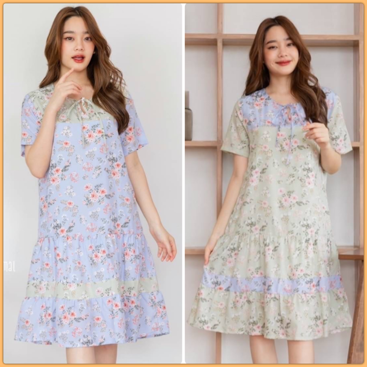 เดรสลายดอกไม้ตัดต่อสลับสีแบบทูโทน ทรงปล่อยต่อชายระบายสองชั้น คอผูกโบว์ได้ เนื้อผ้าไหมญี่ปุ่นพริ้วๆใส่สบาย งานมีซับในตัวค่ะ ซิปหลัง มีกระเป๋าข้างค้า 2สี