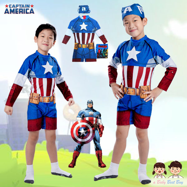 '' ( For Kids สำหรับเด็กอายุ 6เดือน-14 ปี ) ชุดว่ายน้ำเด็กผู้ชาย The Avengers - Captain America บอดี้สูทเสื้อแขนยาวกางเกงขาสั้น ซิบหน้า สีน้ำเงิน ลาย Captain America เสมือนจริง มาพร้อมหมวกว่ายน้ำและถุงผ้า สุดเท่ห์ ใส่สบาย ลิขส
