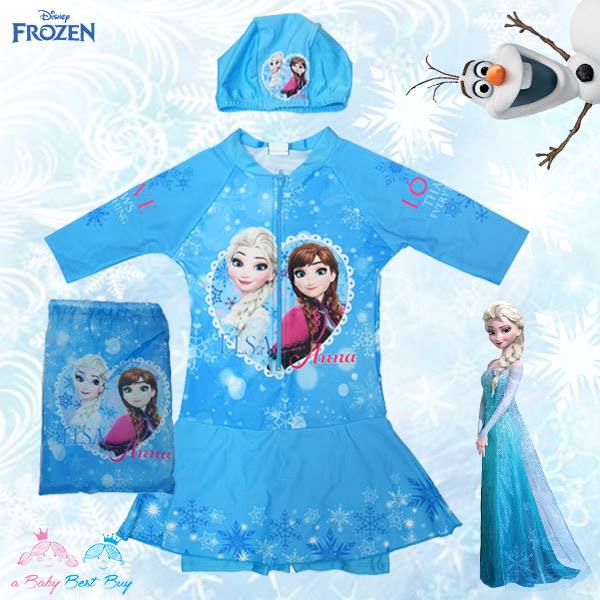 ฮ "( For Kids ) Swimsuit for Girls ชุดว่ายน้ำ Disney Frozen ชุดว่ายน้ำ บอดี้สูท เด็กผู้หญิง เสื้อแขนสั้นกระโปรงกางเกง สีฟ้า ชุดว่ายน้ำเด็กผู้หญิง สุดน่ารัก ใส่สบาย ดิสนีย์แท้ ลิขสิทธิ์แท้