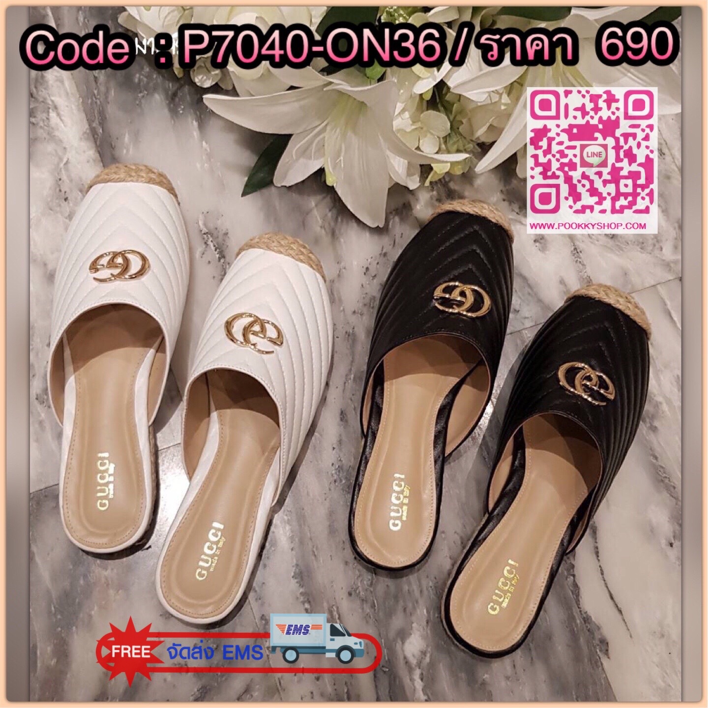 chevron shoes คัชชูเปิดหลังหนังปั้มแบรนด์กุชชี่ หน้าติดโลโก้ หนังPuแต่งลาย chevron ซอฟในนุ่มใส่สบาย พื้นปั้มคะ มา 2 สี