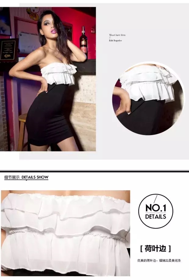 ชุดเดรสสั้น เดรสปาร์ตี้ เดรสออกงาน กลางคืน เดรสเกาะอกสีดำ แต่งระบายชีฟองขาว เนื้อผ้ายืดเข้ารูป สวยเปรี่้ยวมั่กๆคร่า +G-string