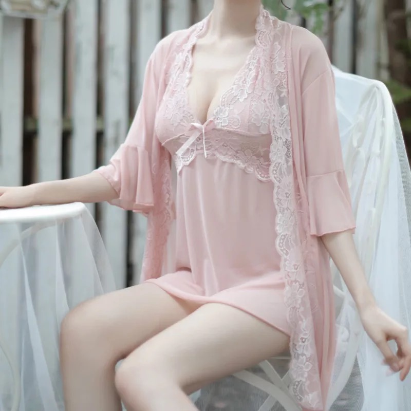 เซ็ทชุดคลุมนอน เซ็ดชุดนอน สายเดี่ยว+ชุดคลุมนอน ซีทรูสีนูทพีช แต่งลูกไม้ สวย หรู งาน เซ็กซี่มากๆคะ สำเนา