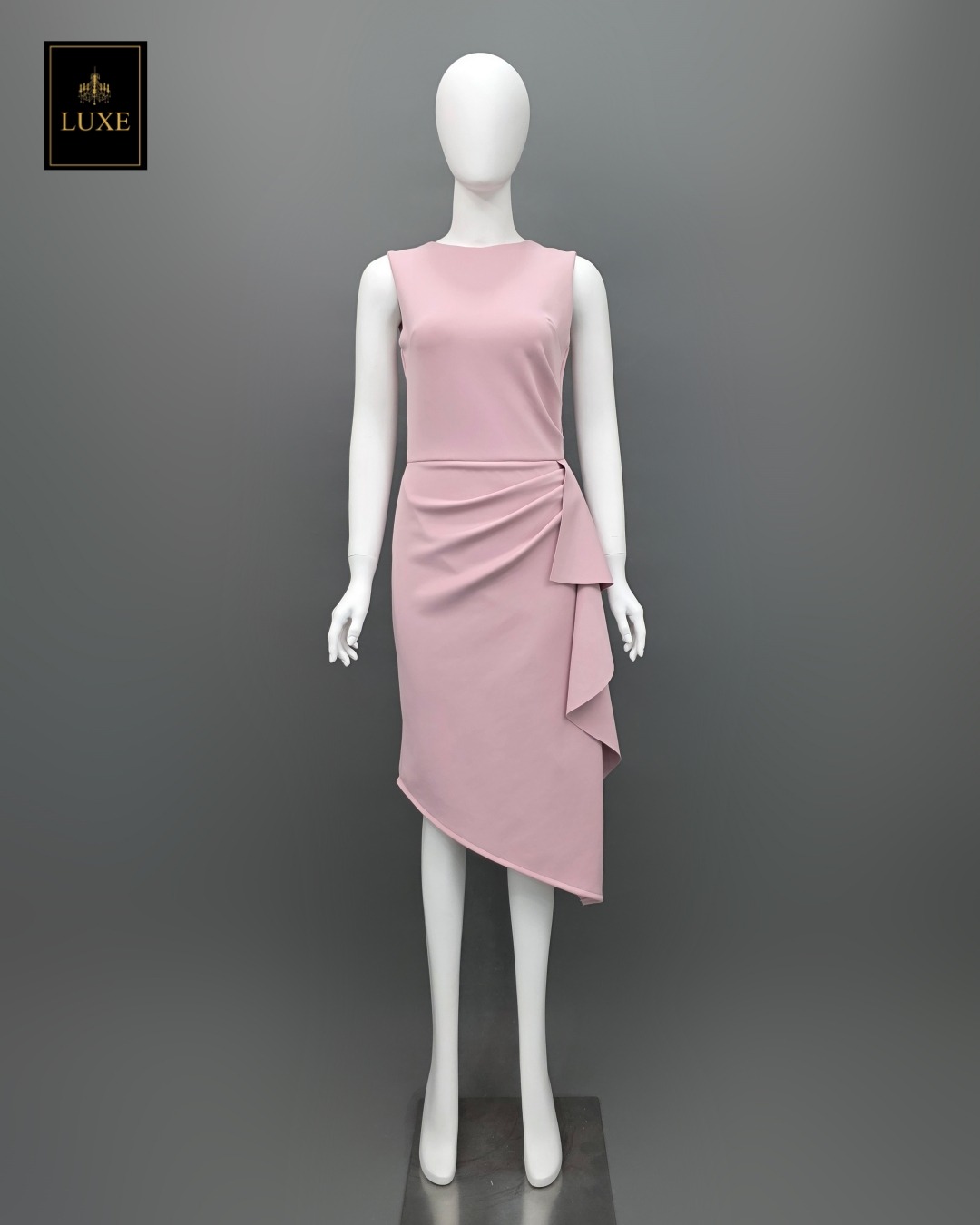 เดรสแฟชั่น เดรสเสื้อคอกลมแขนกุด กระโปรงทรงสอบ แต่งระบายข้าง ปลายเฉลียง