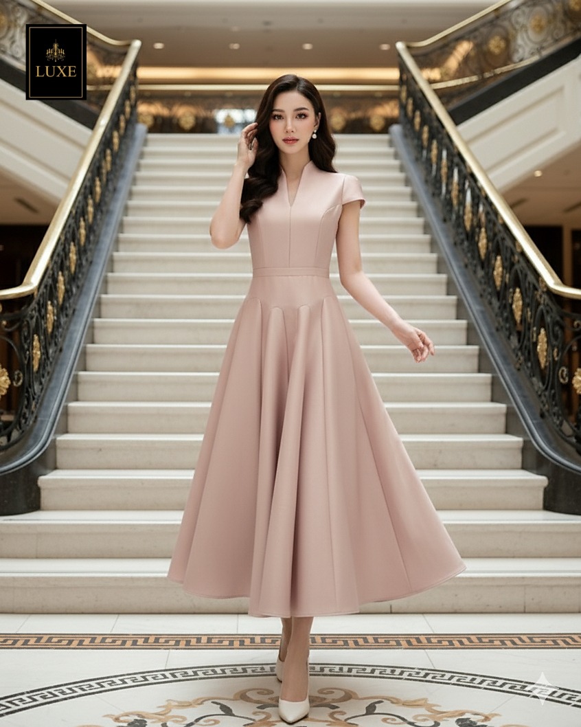 เดรสแฟชั่น เดรสเสื้อคอตั้ง แขนสั้น กระโปรงบาน