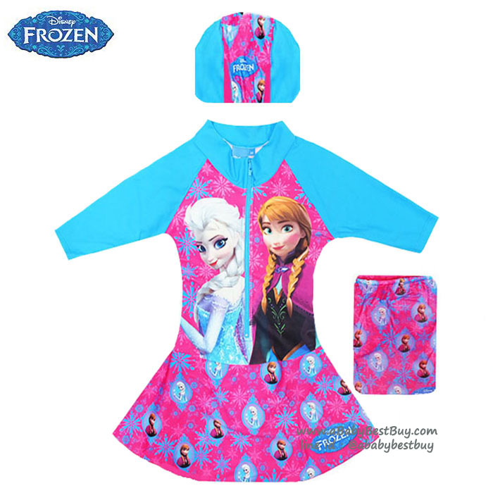 ฮ Size XS - ชุดว่ายน้ำ เด็กผู้หญิง Disney Frozen บอดี้สูท สีชมพู เสื้อแขนยาว กระโปรงกางเกง สกรีนลาย เจ้าหญิง อันนา เอลซ่า มาพร้อมหมวกว่ายน้ำและถุงผ้า สุดน่ารัก ใส่สบาย ดิสนีย์แท้ ลิขสิทธิ์แท้ (สำหรับเด็กอายุ 6เดือน-2 ปี)