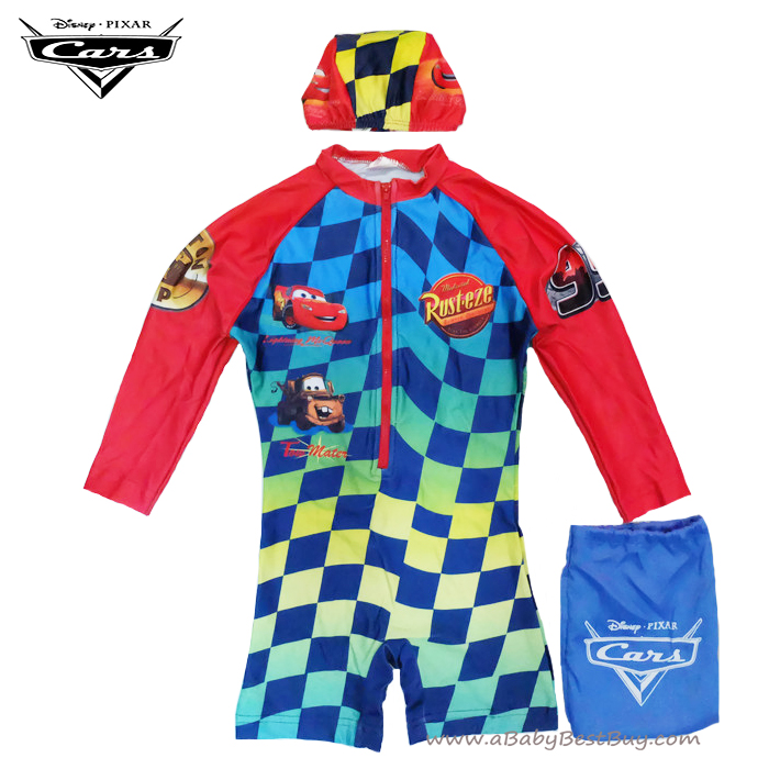 ฮ (สำหรับเด็กอายุ 6เดือน-14 ปี) Swimsuit for Boys ชุดว่ายน้ำเด็กผู้ชาย Disney Cars ชุดบอดี้สูท เสื้อแขนยาว สกรีนลาย Cars พร้อมถุงผ้า สุดเท่ห์ ใส่สบาย ดิสนีย์แท้ ลิขสิทธิ์แท้