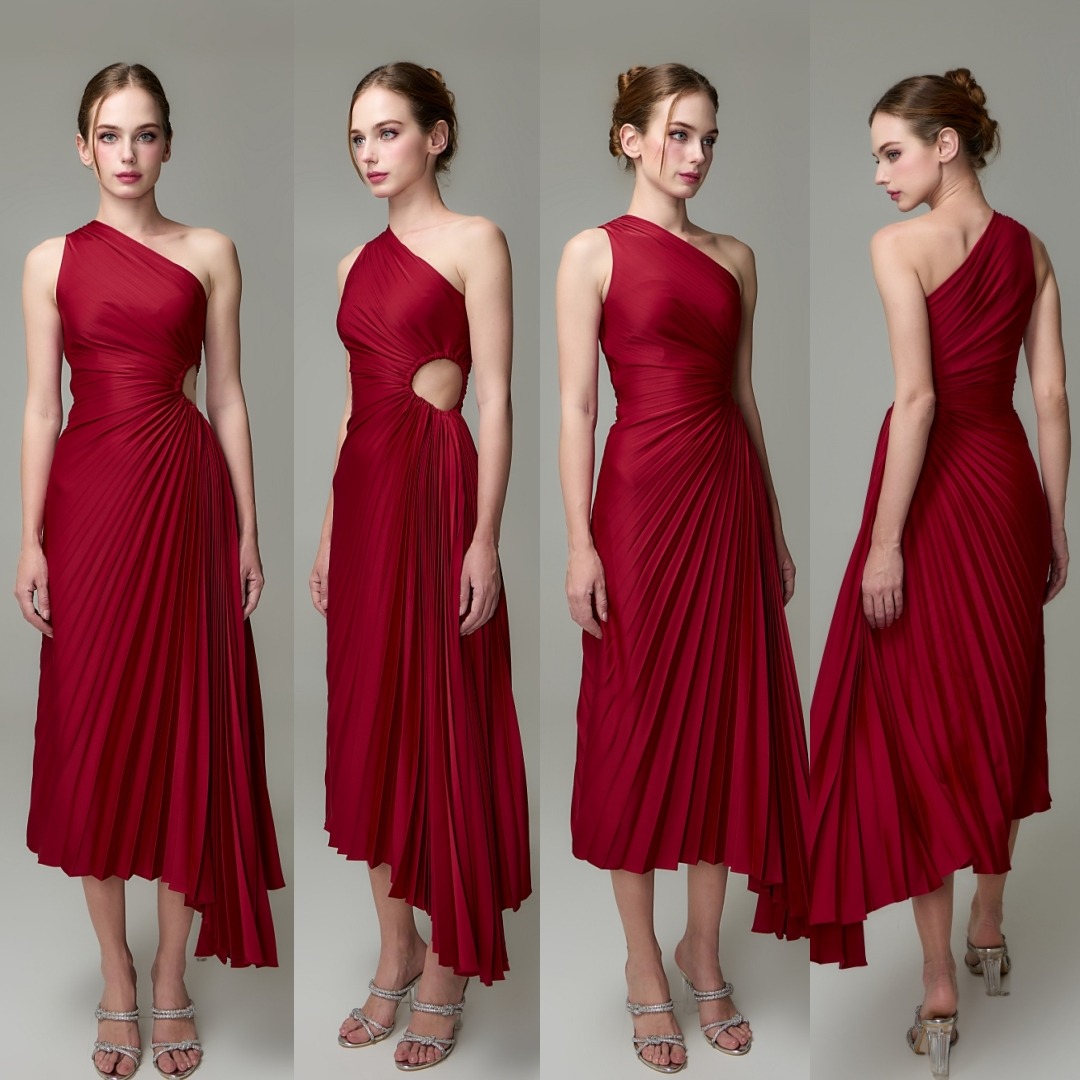 เดรสแฟชั่น เดรสเสื้อไหล่เดียว กระโปรงยาวชายเฉลียง อัดพลีททั้งตัว