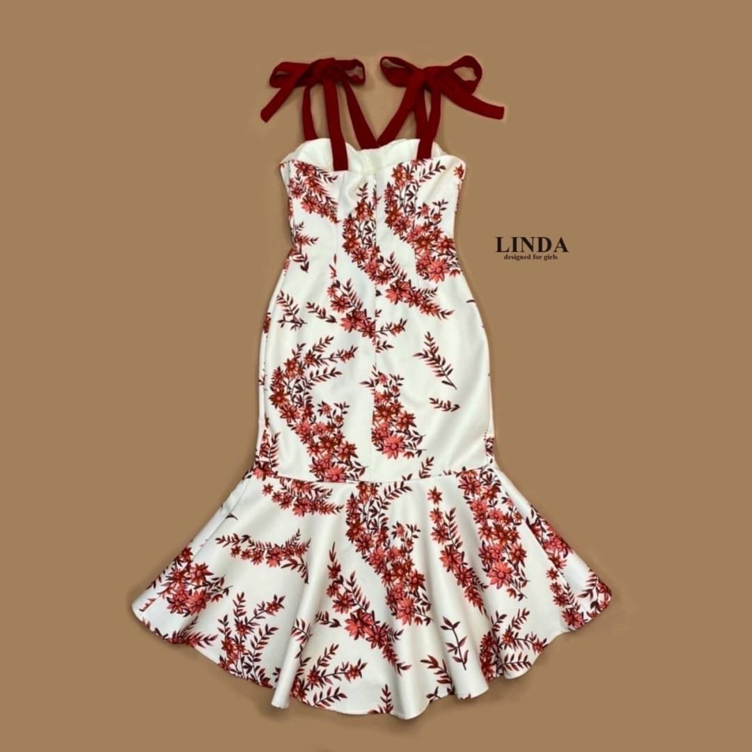 ป้าย LINDA เดรสหางปลา พร้อมส่ง เดรสผ้าพิมพ์ลายดอกไม้สีแดง สายเป็นสีแดง กระโปรงหางปลาระบายสวยมาก
