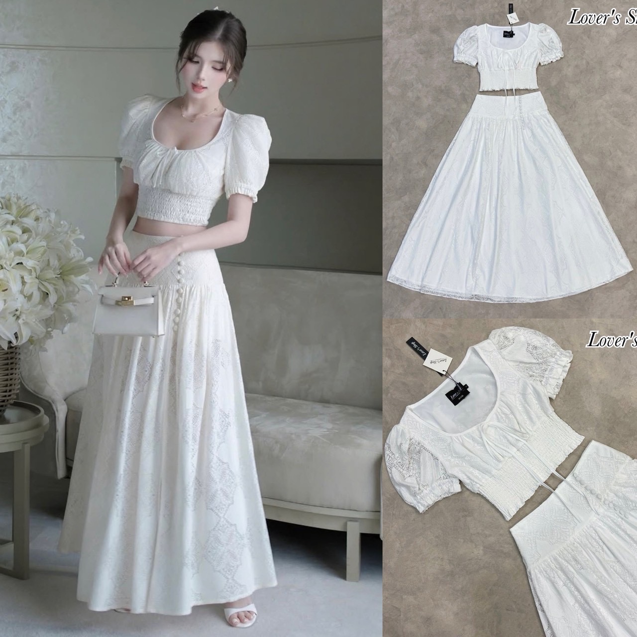 Set2ชิ้น ผ้าลูกไม้เนื้อนุ่ม ฉลุลาย สวย น่ารัก หวานซ่อนเปรี้ยว ดีเทลทรงเสื้อแขนตุ๊กตา ชายเสื้อมีสม็อคยืดได้ตามตัวค่ะ ความยาวเสื้อกำลังดีเอวไม่ลอยนะคะ มีซับใน มาพร้อมกับกระโปรงทรงเจ้าหญิง งานซิบหลัง ขอบเอวเรียบ มีซับในหนาอย่างดี ผ้าไม่บางนะคะ ใช้ผ้าลูกไม้ที