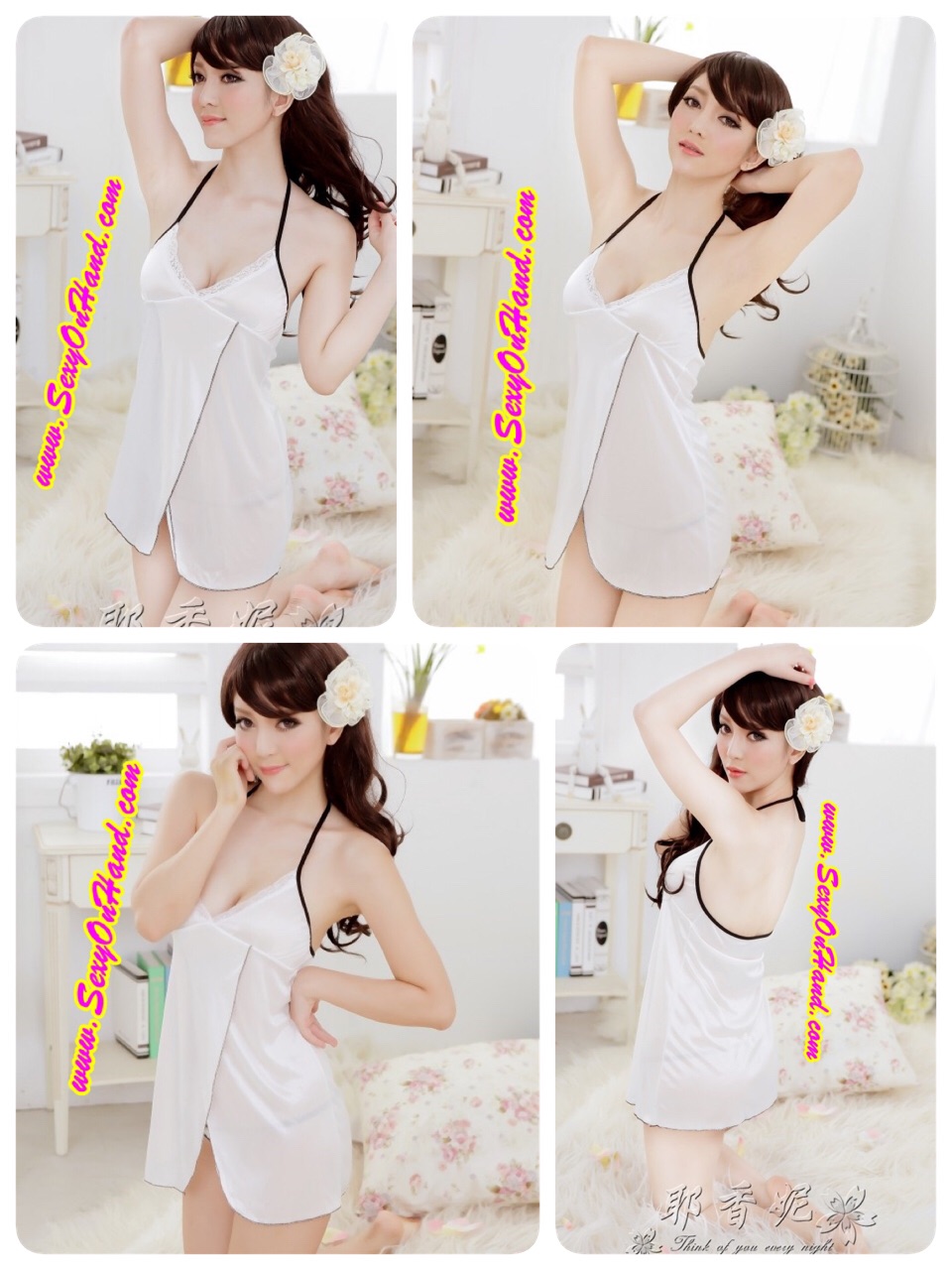 ชุดนอน เซ็กซี่ ชุดนอน ซีทรู ผ้าโปร่ง ยั่วน้ำลาย เนื้อผ้าบางเบา ชุดคล้องคอ ผ้ามันลื่นสีขาว แบบเรียบหรู ลุ๊คคุณหนูมากๆคะ ＋จีสตริง เข้าชุด