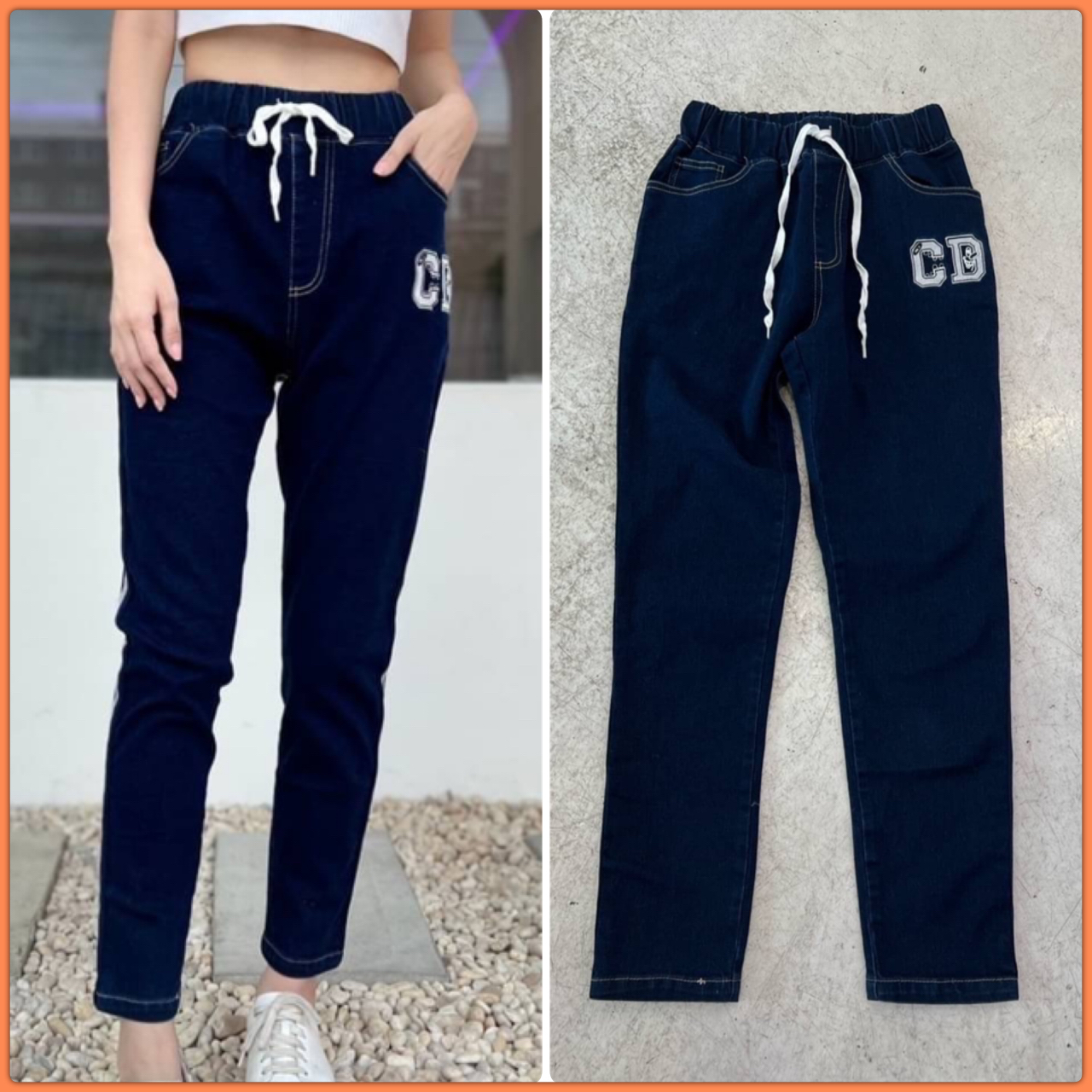 พร้อมส่ง!!! กางเกงยีน Dior งานป้ายแต่งแถบโลโก้กางเกงยีนยืด แต่งแถบปักโลโก้ เอวสม็อคสวยใส่สบายมาก ผ้ายืดเยอะคุณภาพดีมาก10/10 lable Dior