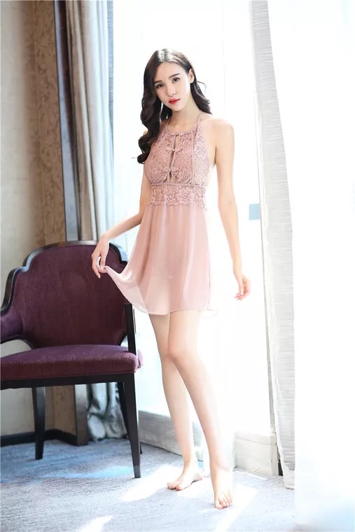 ชุดเดรส ชุดนอน ลูกไม้ ซีทรู สีนูทเนื้อ เนื้อผ้าลูกไม้สวยหรู งานสวย เซ็กซี่มากคะ