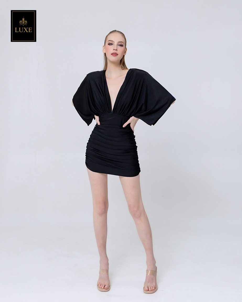 เดรสแฟชั่น เดรสกระโปรงเข้ารูป เสื้อคอวีแขนในตัว มาพร้อมถุงมือยาว