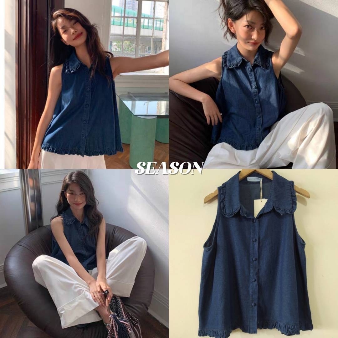 เสื้อแฟชั่น เสื้อแขนกุด ผ้ายีนส์ แพทเทิร์นน่ารักมาก แต่งกระดุมปั๊ม