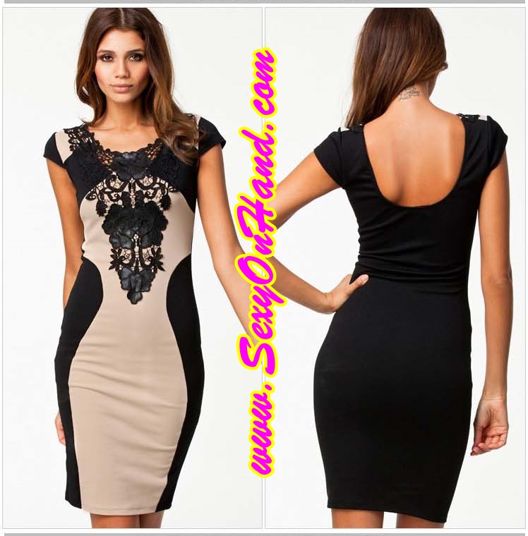 ชุดเดรสสั้น ชุดเที่ยว ชุดปาร์ตี้ เดรสสั้น ผ้ายืด เนื้อซัพพอร์ทอย่างดี แต่งฉลุลูกไม้ดำ สีน้ำตาลอ่อนและดำทูโทน