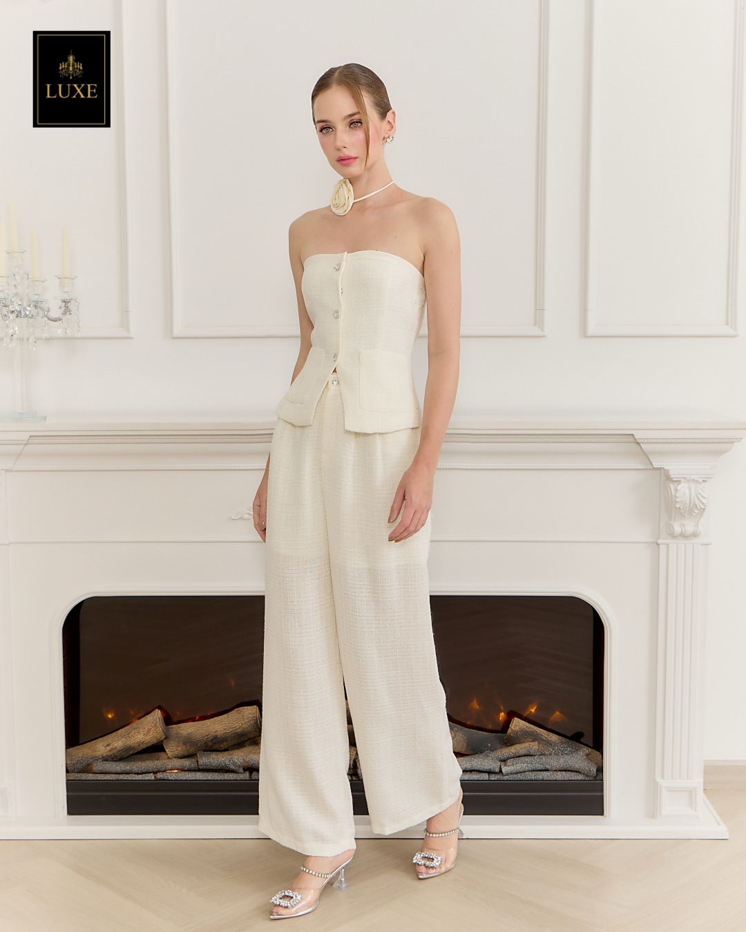 ชุดเซทแฟชั่น เซ็ตเสื้อเกาะอกทรงหลวม+กางเกงเอวสูงขากระบอกกว้าง