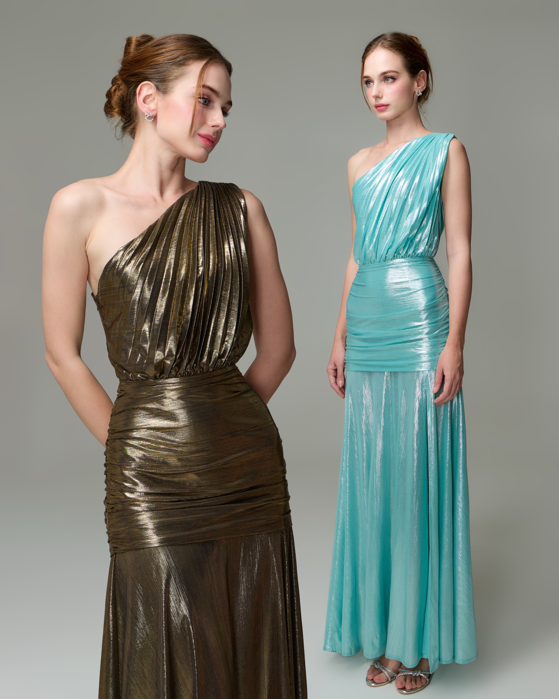 เดรสแฟชั่น แม็กซี่เดรสเสื้อไหล่เดียวอัดพลีท กระโปรงเข้ารูปตรงสะโพก