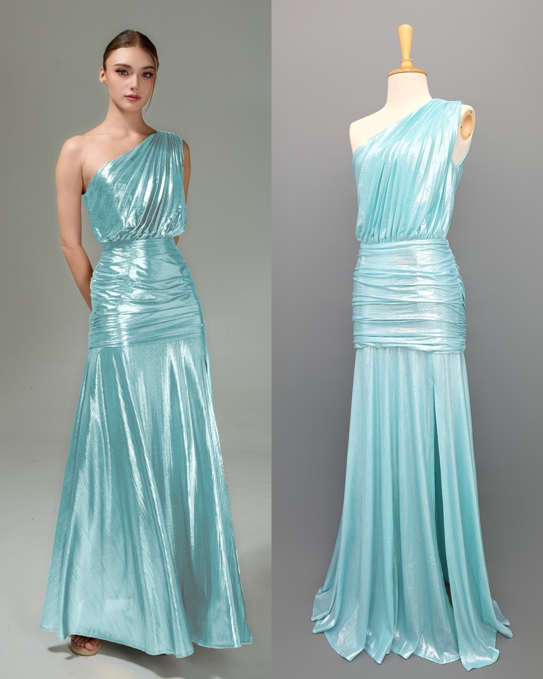 เดรสแฟชั่น แม็กซี่เดรสเสื้อไหล่เดียวอัดพลีท กระโปรงเข้ารูปตรงสะโพก