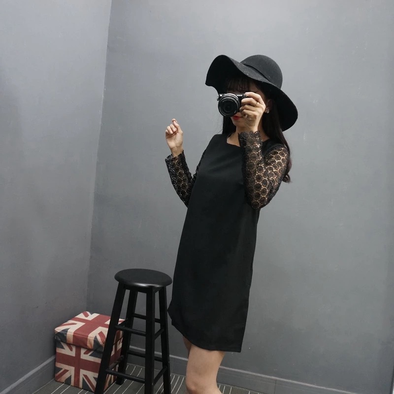 ชุดเดรส เดรสสั้น แขนแต่งลูกไม้ฉลุสีดำ แบรนด์เนม ESTHER งานผ้าชีฟองหนังไก่ เนื้อสวย หรูมากคะ Size S/M