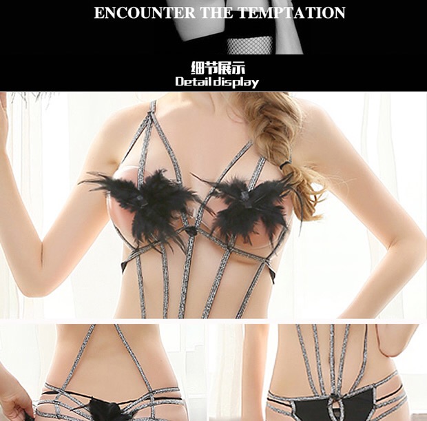 ชุดวันพีซ แต่งสาย สีเงิน แต่งพู่ขนนก สีดำ สวย เซ็กซี่ เปรี้ยวแซ่บ เย้ายวน มากมายคะ