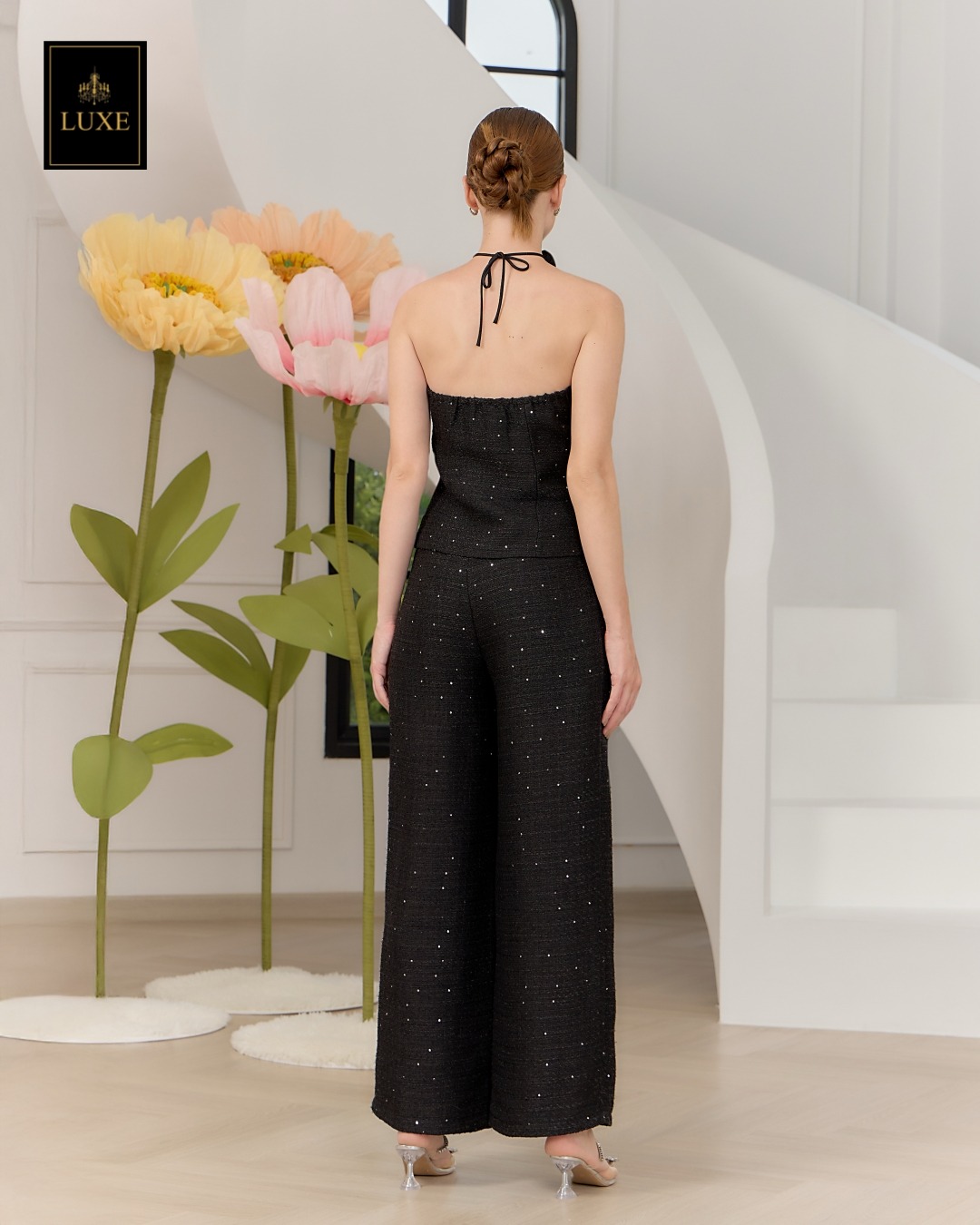 ชุดเซทแฟชั่น เซ็ตเสื้อเกาะอกทรงหลวม+กางเกงเอวสูงขากระบอกกว้าง