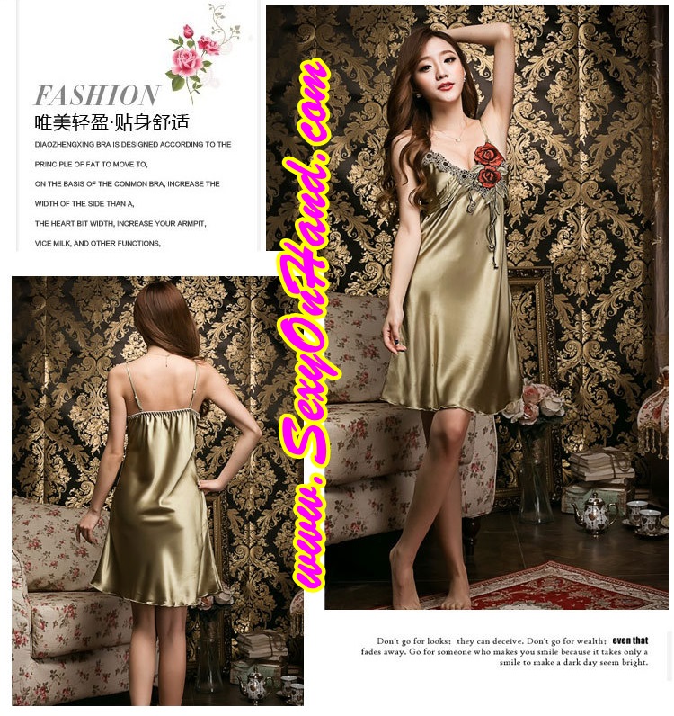 ชุดนอน ผ้าไหม สีเขียวทอง แต่งลูกไม้ปักช่วงขอบคอเสื้อ สไตล์หรูหรา คลาสสิค เนื้อผ้าเกรด AAA งานเกรดพรีเมี่ยมเลยคะ