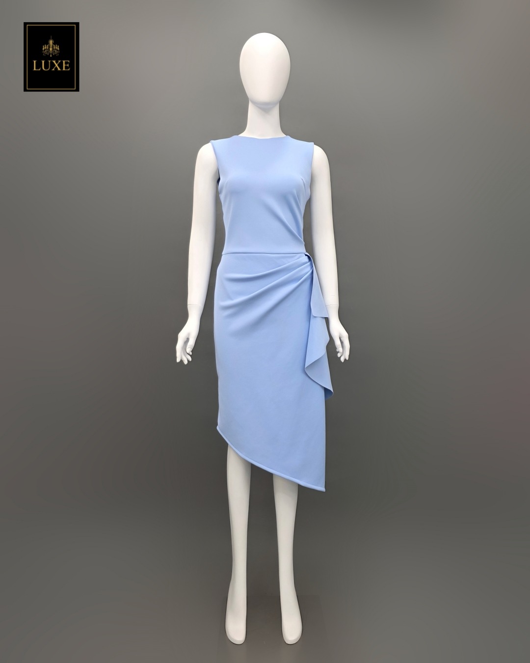 เดรสแฟชั่น เดรสเสื้อคอกลมแขนกุด กระโปรงทรงสอบ แต่งระบายข้าง ปลายเฉลียง