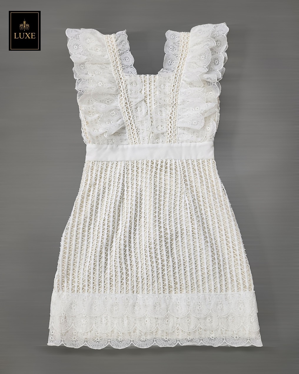 เดรสแฟชั่น เดรสผ้าลูกไม้คอตตอนโครเชต์ เสื้อแขนกุดแต่งระบาย กระโปรงสั้นทรงเอ