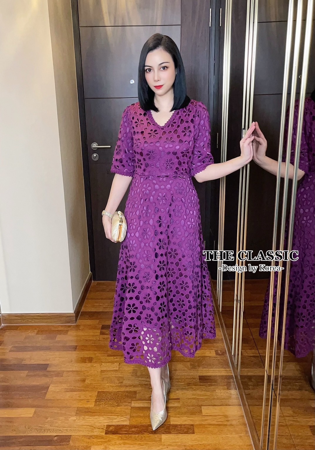 เดรสแฟชั่น เดรสลูกไม้ยาวใช้ผ้าลูกขึ้นลายดอกไม้ เนื้อแน่นอย่างดีมีน้ำหนัก