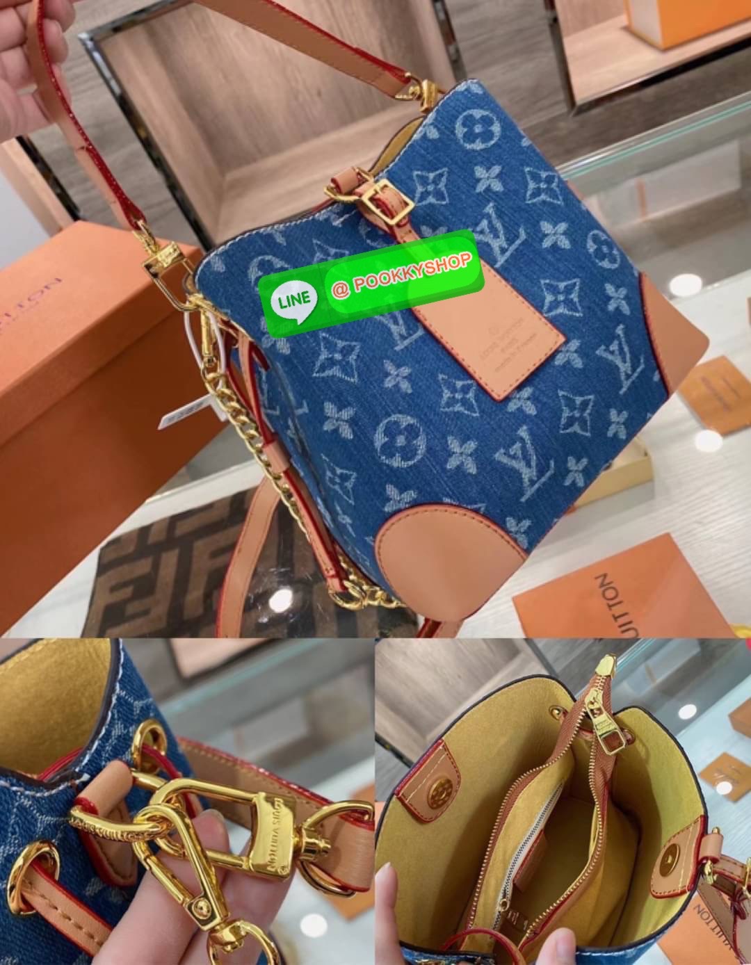 LV Vintage Denim Bag 8” Description: กระเป๋าวินเทจที่ทำจากผ้าเดนิมลวดลายโมโนแกรม ที่จับ ฐาน สายสะพาย กระเป๋าทำจากหนัง Calfskin และตกแต่งด้วยอะไหล่ทอง เปิดปิดด้วยสายคาดด้านหน้า ด้านในบุด้วยผ้า Marigold Alcantara เป็นช่องขนาดใหญ่ มีพื้นที่สำหรับใส่ของใช้จำเ