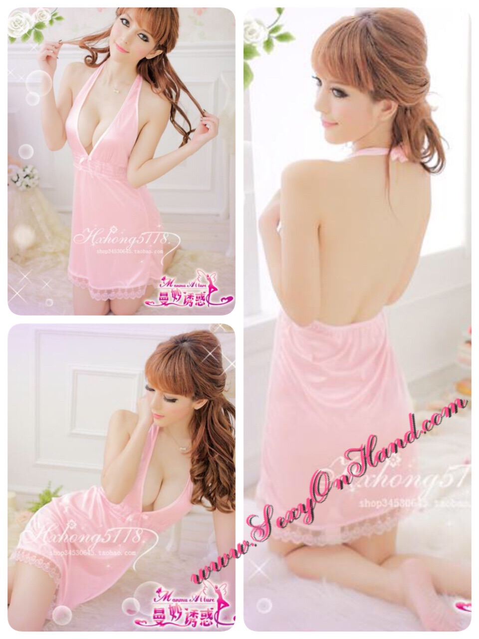 ชุดนอนเซ็กซี่ คล้องคอ ผ้าไหมเทียม สีชมพูอ่อน ผ้่าลื่น ผ้านุ่ม เย็นสบาย เนื้อผ้าเกรด AA แบบผูกคอด้านหลัง ประดับชายลูกไม้เกรดหรู สีขาว +พร้อมจีสตริง เข้าชุด .. สีชมพู …แลดูคุณหนูมากๆเลยคะ