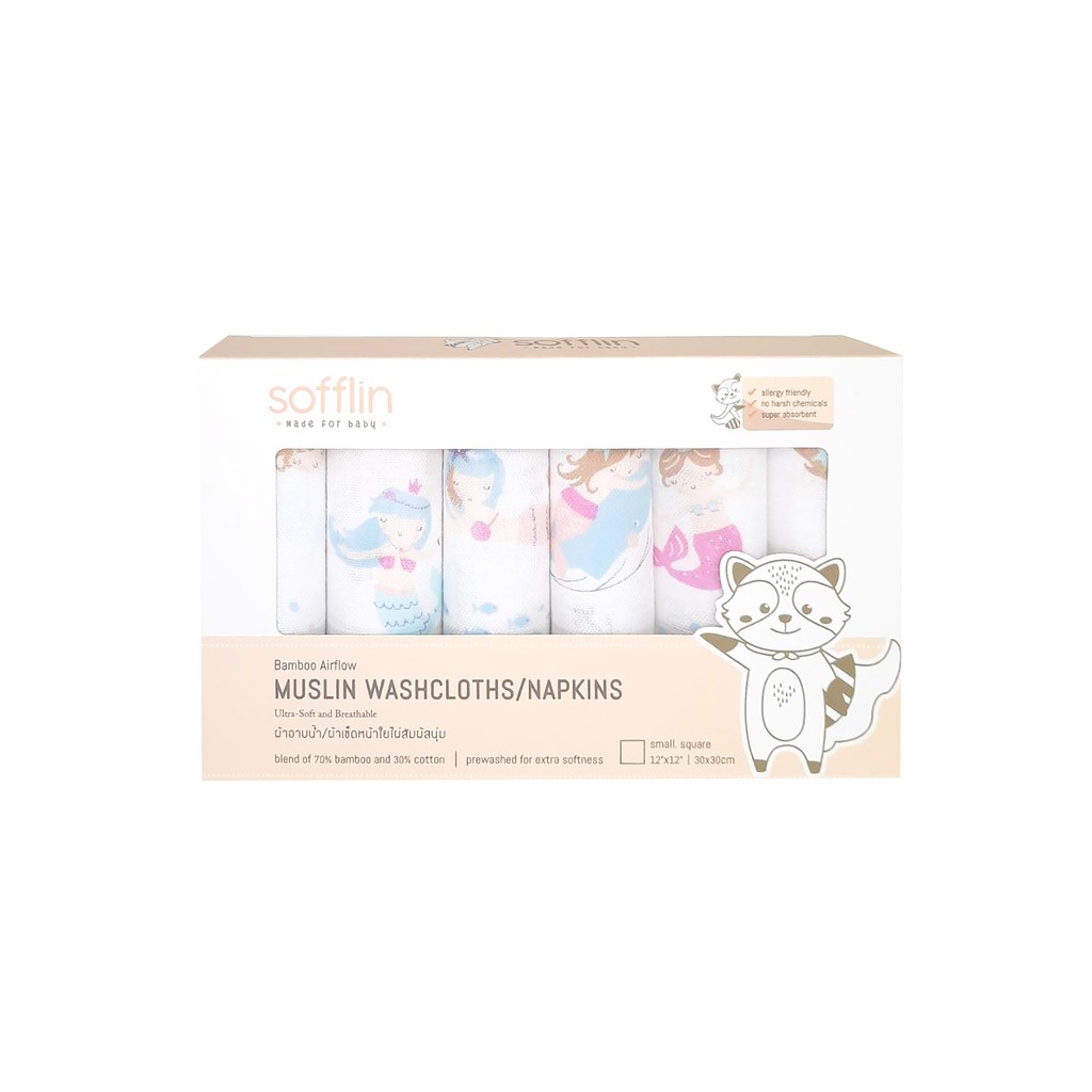 Sofflin ผ้าอาบน้ำ ผ้าเช็ดหน้ามัสลินใยไผ่ ขนาด 12 นิ้ว(แพ็ค 6ชิ้น)