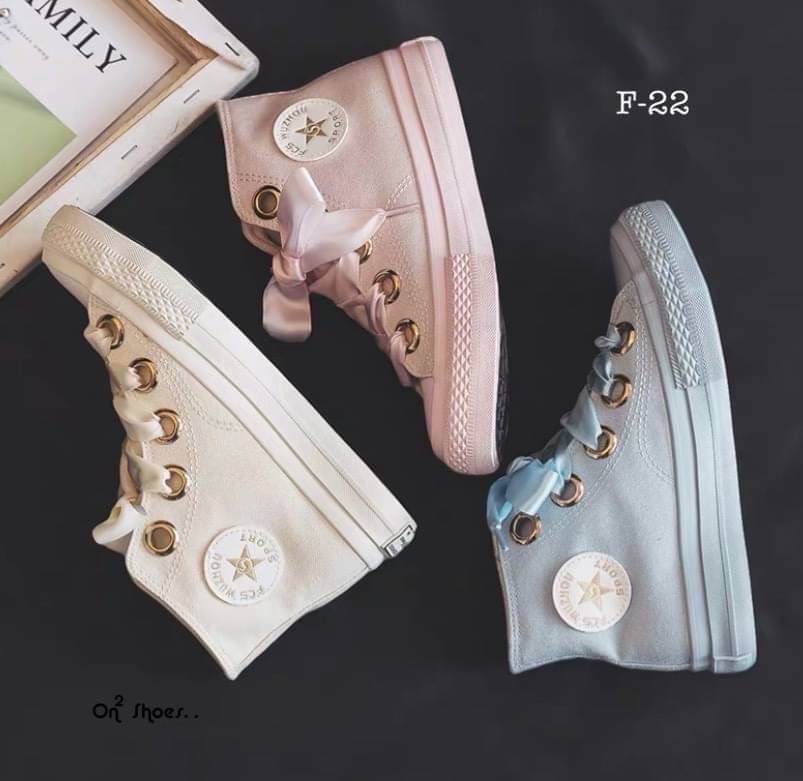 รองเท้าผ้าใบหุ้มข้อสไตล์แบรนด์ สายผูกโบว์ งานน่ารักเกาหลีมากกก มี 3 สี