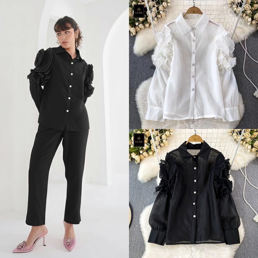 เสื้อแฟชั่น เสื้อเชิ้ตคอปกแขนยาว ดีเทลแต่งผ้าพลีทที่ต้นแขนพร้อมปักลูกปัดมุก