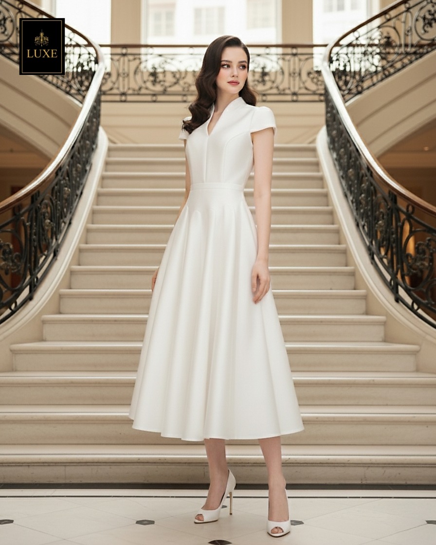 เดรสแฟชั่น เดรสเสื้อคอตั้ง แขนสั้น กระโปรงบาน