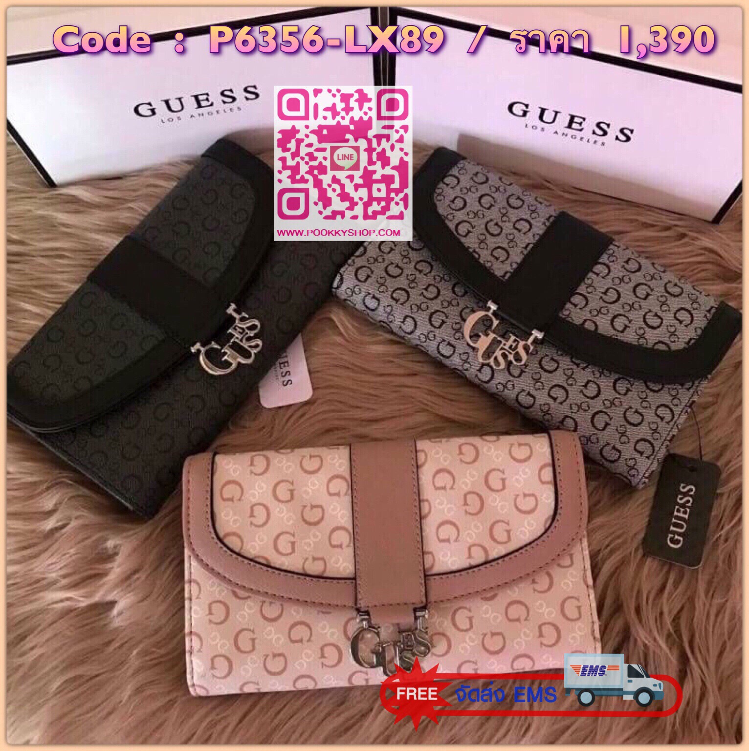 Guess leather wallet กระเป๋าสตางค์ใบกลาง ด้านหน้าแต่งโลโก้แบรนด์โลหะสวยหรูลายซิกเนเจอร์ของแบรนด์ ภายในมีช่องใส่ธนบัตร บัตรต่างๆ ช่องใส่รูป มีช่องยาว 3 ช่อง ใส่ธนบัตร ด้านหลังมีช่องซิปใส่เหรียญ ปิดเปิดใช้งานสะดวก ถือถนัดมือ ขนาดกำลังพอเหมาะ ดีไซร์หรูสวยงาม