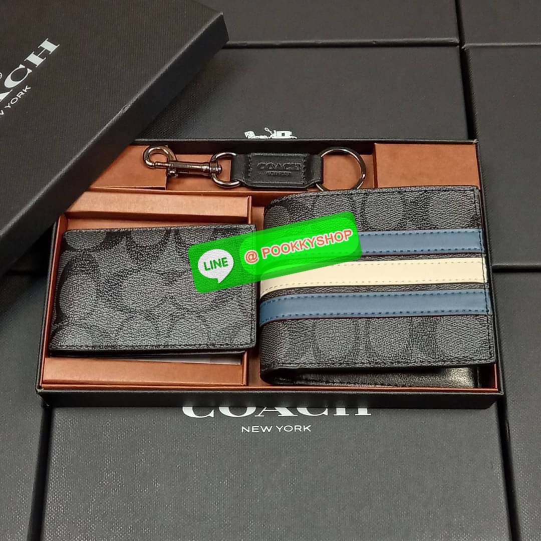 NEW IN💥>>มีกันหรือยัง ใช้แล้วหล่อมากน้า😎//>>COACH 3-IN-1 WALLET WITH VARSITY STRIPE WITH KEY FOB LIMITED BOX (COACH F24649)🍁กระเป๋าสตางค์ มี ID ใบลูก สำหรับใส่บัตรแยก มีพวงกุญแจ ใช้แล้วดูหล่อสุดๆ🔸️**จะใช้เอง หรื