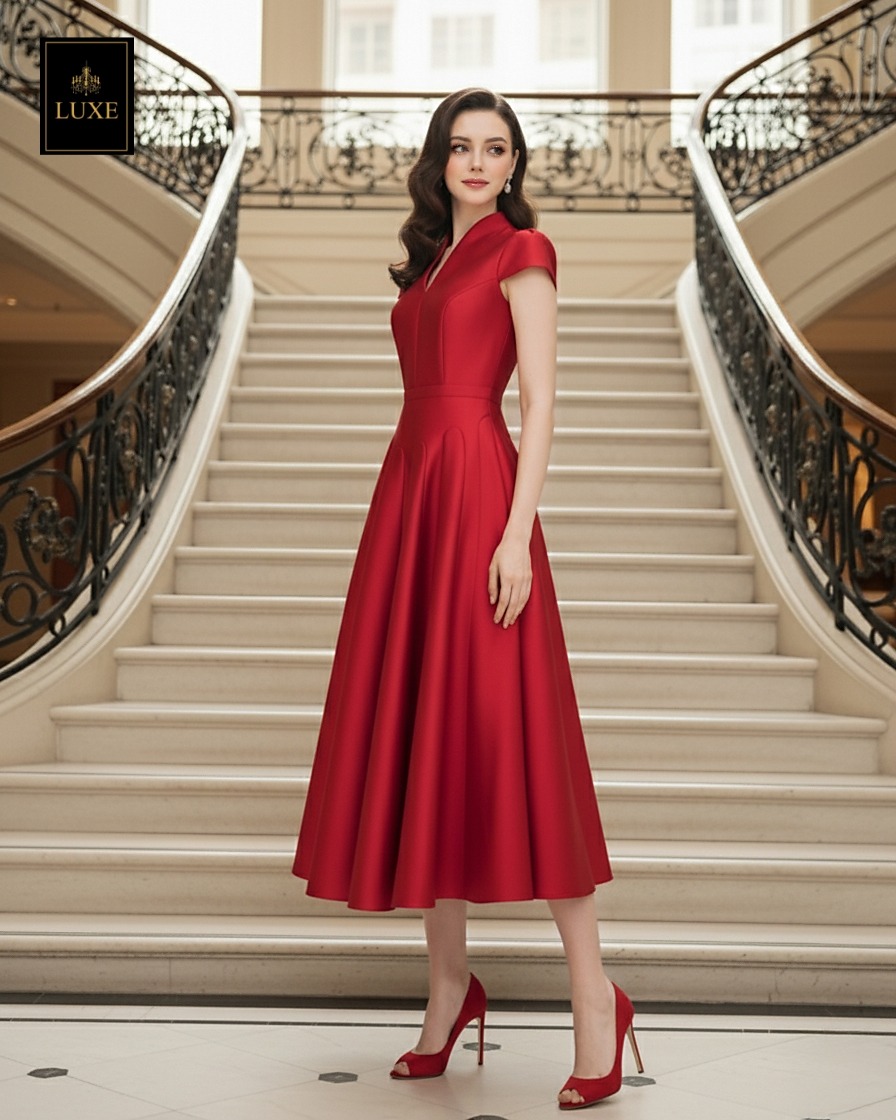 เดรสแฟชั่น เดรสเสื้อคอตั้ง แขนสั้น กระโปรงบาน