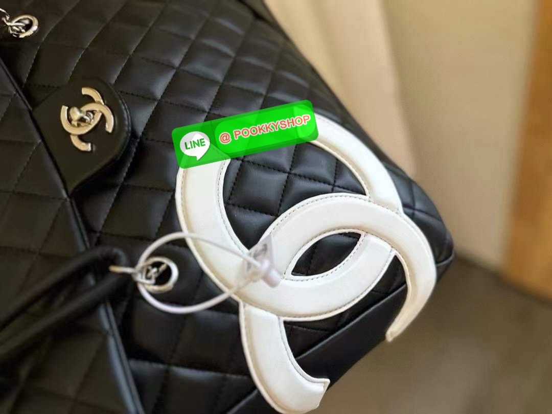 CHANEL Black Lambskin Leather Cambon Handbag Limited Edition White CC Logo RARE
