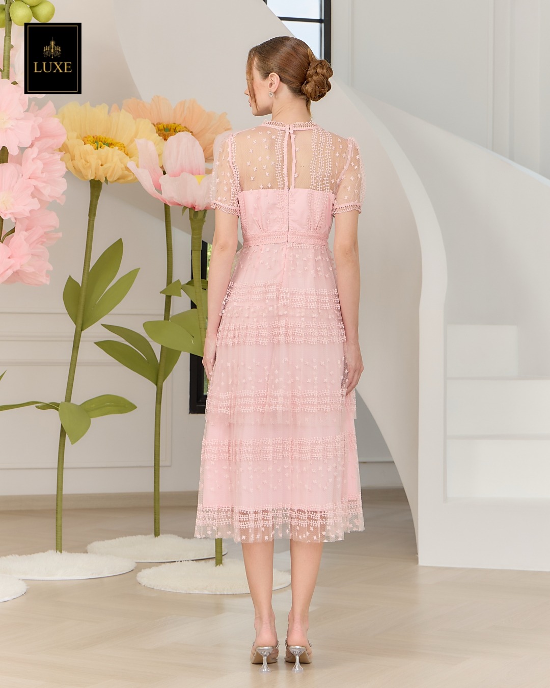 เดรสแฟชั่น เดรสเสื้อคอกลมแขนสั้น กระโปรงอัดพลีท3ชั้น