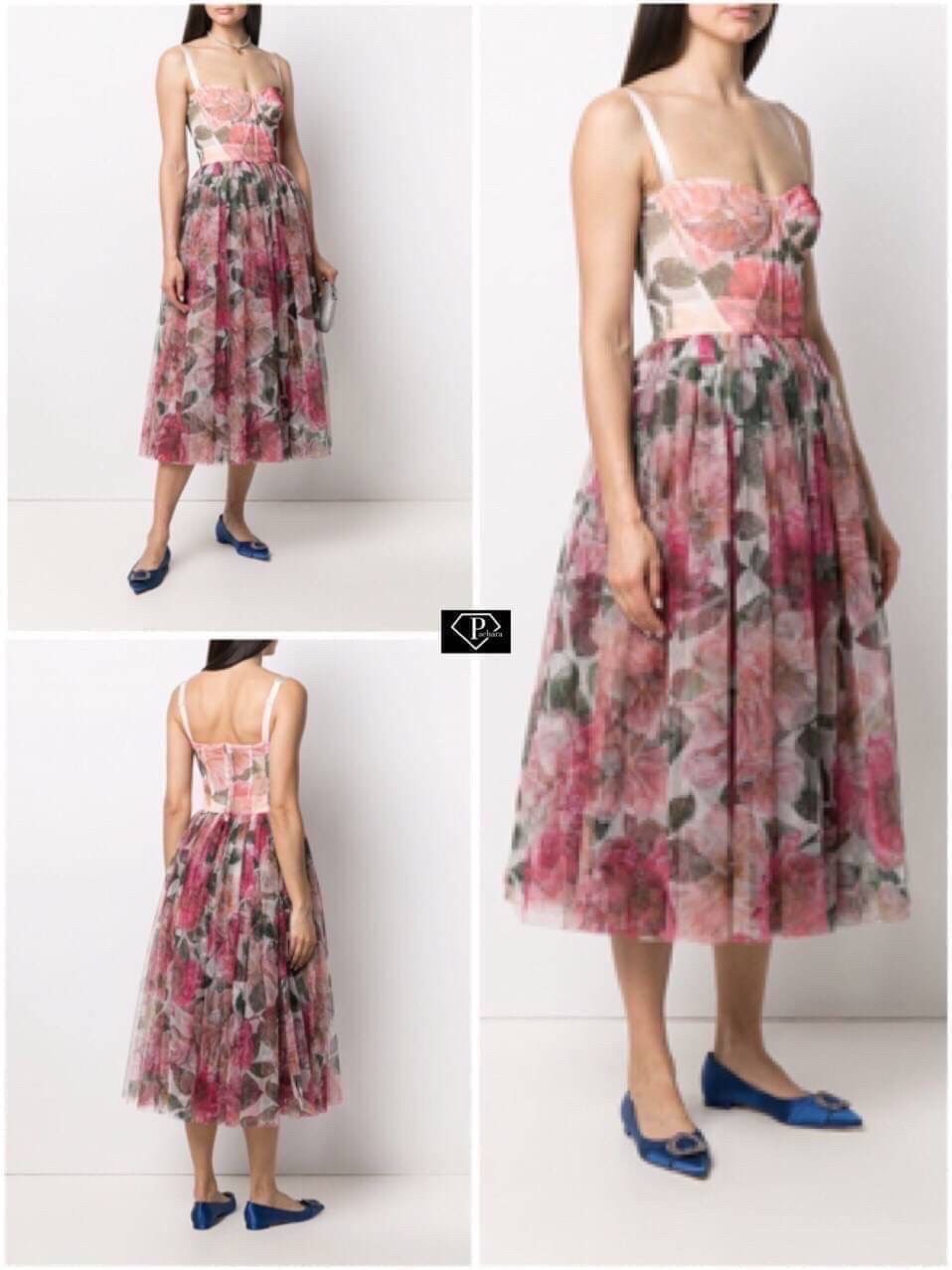 เดรสแฟชั่น เดรสลูกไม้ตาข่ายลายดอกกุหลาบสีชมพูแดง เนื้อผ้าลูกไม้ตาข่ายเนื้อนิ่มเกรดพรีเมี่ยม